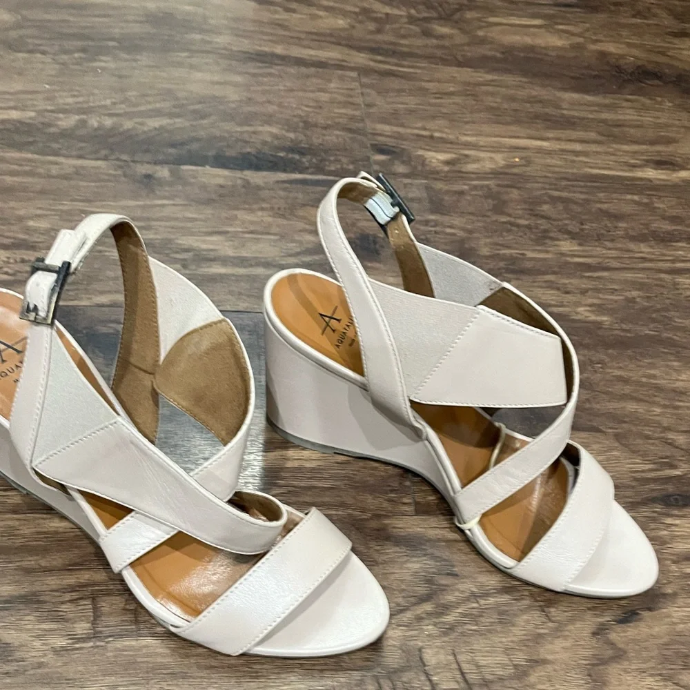 Aquatalia Nude Leather‎ Cross Strap Wedge Sandal Sz. 7.5